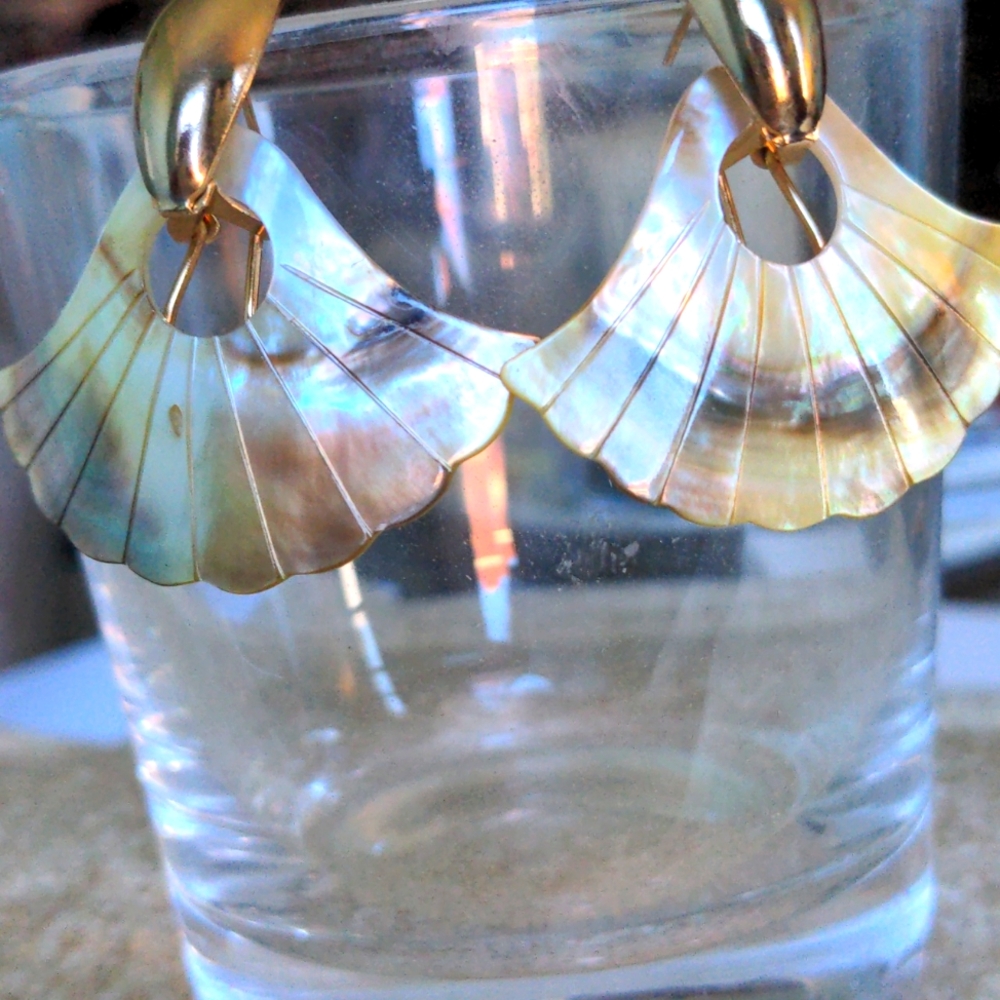 New Macy's Statement Mother Of Pearl Gold Earrings, Omega Backs  Light Weight
